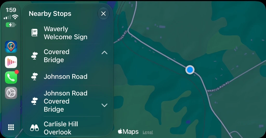 WanderWay on CarPlay with nearby stops overlay on River Rd