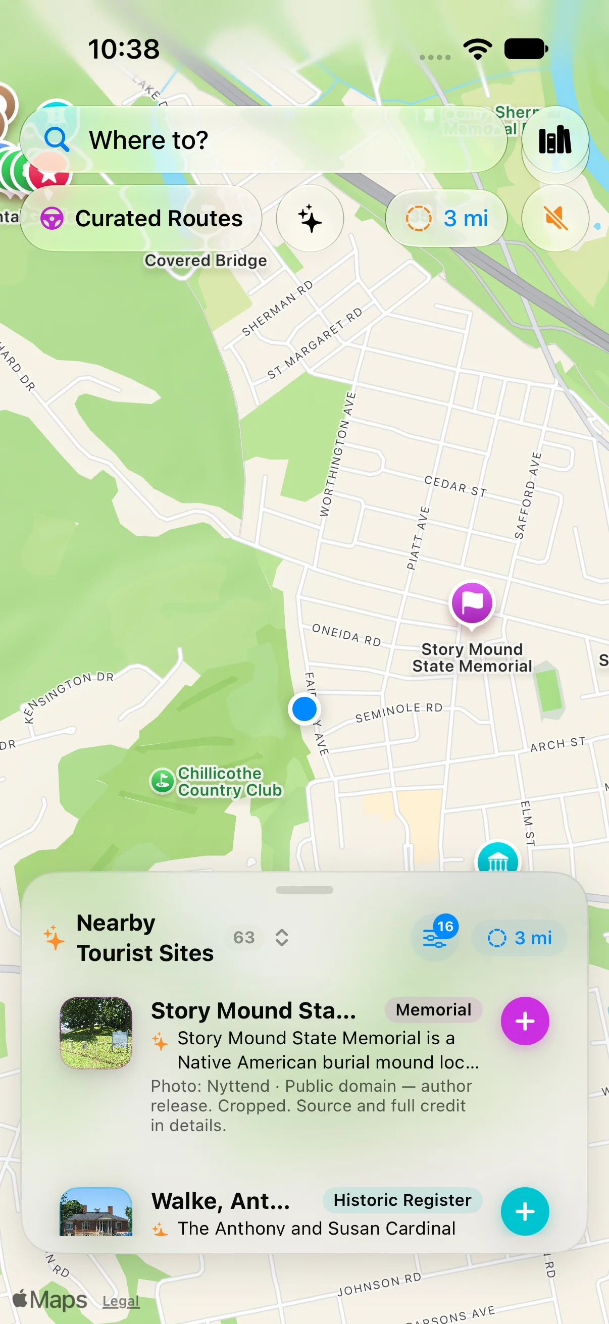 WanderWay displaying nearby places on a map in Ohio