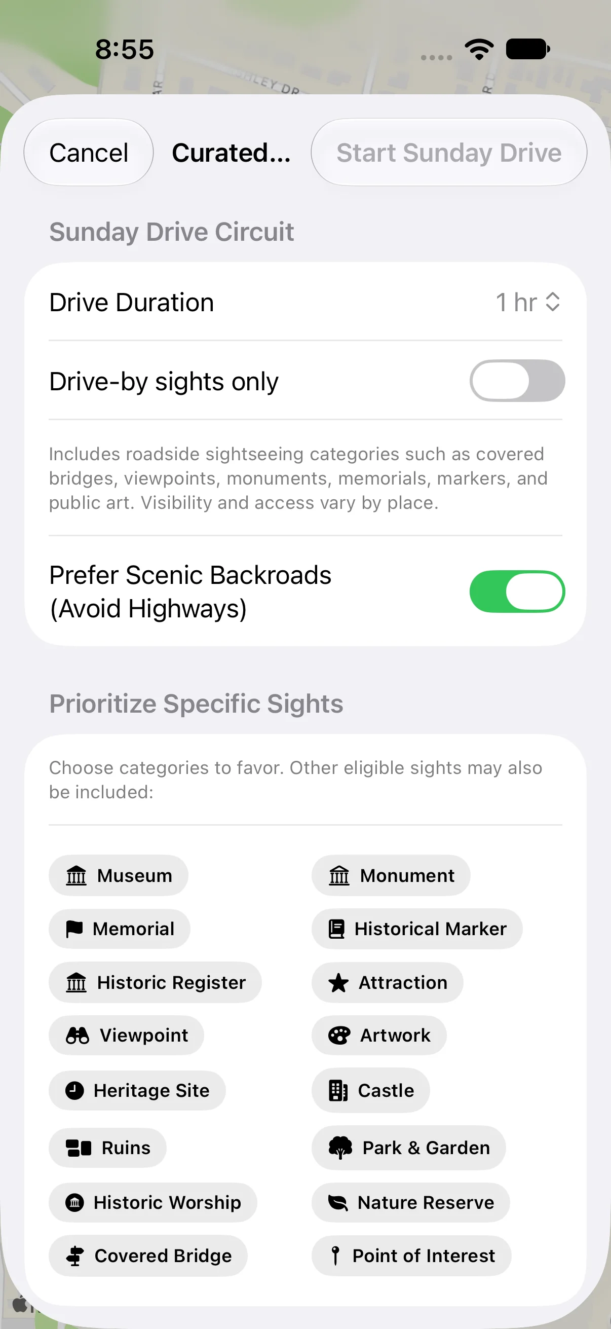 WanderWay Sunday Drive builder with duration and sight priorities
